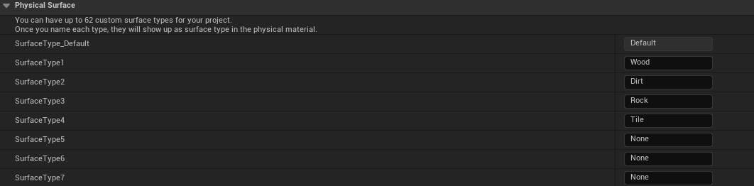 Physical Surface in Project Settings